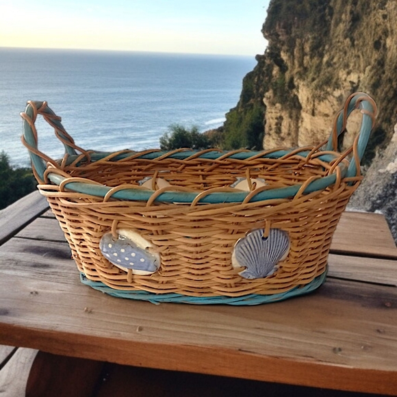 Wicker Basket Ceramic Insets Inlaid Beach Coastal Nautical Handles Bohemian Tan - Picture 16 of 16